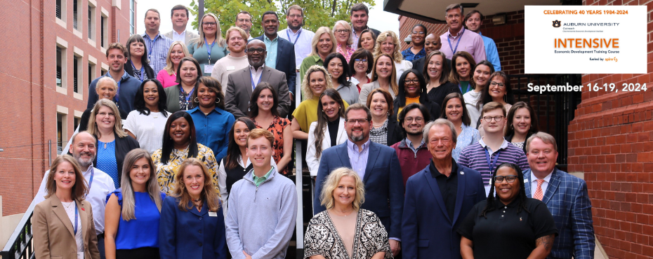 Group photo of September 2024 Intensive course participants and text: Celebrating 40 years 1984-2024. Auburn University Outreach Government & Economic Development Institute. Intensive Economic Development Training Course fueled by Spire.